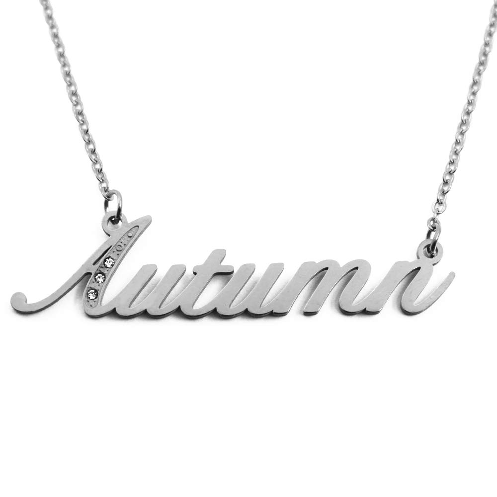 Kigu Autumn Italic Personalised Name Necklace With Cubic Zirconia Silver Tone , Custom Dainty Name Pendants, Jewellery for Ladies, Girlfriend, Mother, Sister, Friends
