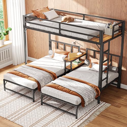 Simple Wisdom Literas de 3 Camas,Literas Individuales Tiene Tres Base Cama Individual,Litera Triple con Mesa,Equipado con Barandillas y Escaleras,La Base Metal es Resistente y Estable (Color Retro)
