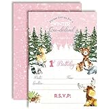 Woodland Winter Wonderland One-derland First Birthday Party Invitations for Girls, 20 5