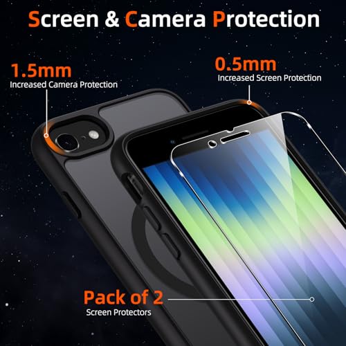 Oelrstfe Case for iPhone SE 3/2 (2022/2020) iPhone 8/7 Compatible with MagSafe with 2 Tempered Glass, Magnetic Translucent Matte Back Cover, Protective Lens Slim Shockproof Case, Black