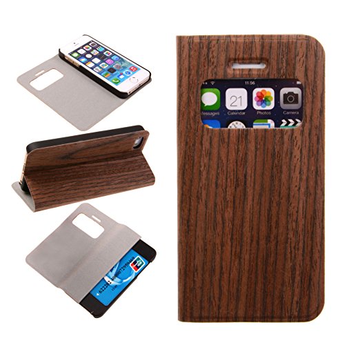 Big Dragonfly Wood Grain Texture Series Folio Case Cover for Apple iPhone 5 5S with Flip Kickstand, Window View and Card Slot (Random Vertical Stripe- Brown)