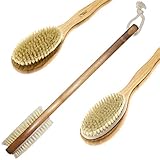 Body Scrubber with Extra Long Handle - Double Sided Bamboo Dry Body Bath Brush - All Natural Boar Bristles + FREE Hanging Hook!