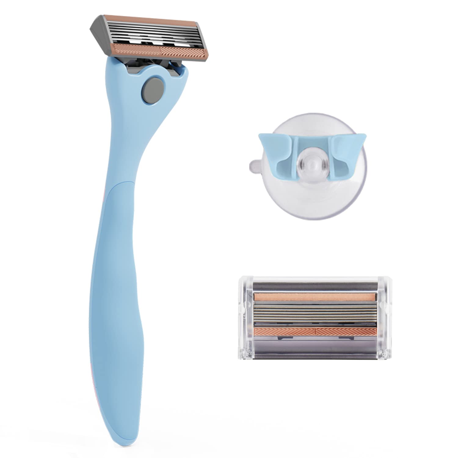 FFS Beauty Women’s Razor Kit - Premium Bubblegum Handle, 2 Sharp and Durable 6-Blade Vegan Razor Cartridges & Matching Shower Holder