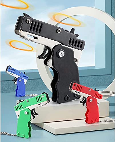 Kids Toys Cool Keychain Mini Metal Folding Rubber Launcher Toy with 60 Elastic Rubber Bands for Outdoor Activities (Black)