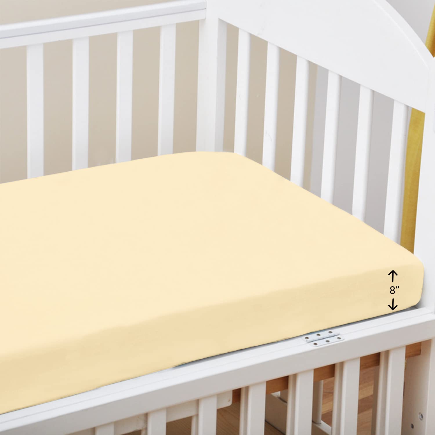 Pizuna 100% Cotton Fitted Crib Sheet Light Yellow, 400 Thread Count Long Staple Cotton Fitted Crib Sheet 40x90 cm, Sateen Weave 12 cm Deep Fitted Sheets 1 PC Light Yellow