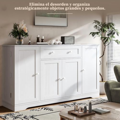 Alacenas para Cocina con Cajones, 4 Puertas y Estantes Regulables | Mueble Cocina 120x90x40CM de madera, base reforzada. Gabinete para Cocina, Bufetera Mueble y Credenza Bufetera. Blanco.