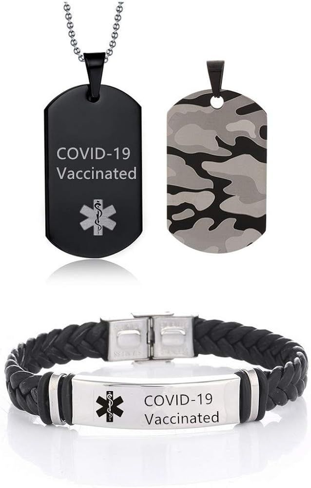 COVID19 Vaccinated Medical Alert Necklaces & Bracelets Set for Men Women Stainless Steel SOS