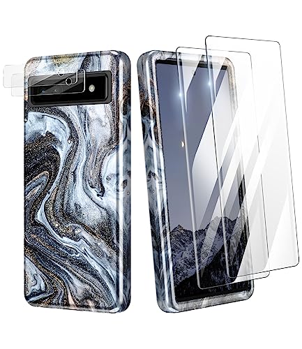 Btscase for Google Pixel 6a Case 2022 [Military Grade Shockproof] Stylish Marble Pattern Slim Protective 3 Layers Hard PC+Soft Silicone Rugged Women Men Anti-Scratch Cover, Quicksand/Black