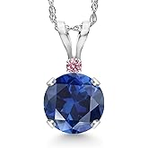 Gem Stone King 14K White Gold Blue Created Sapphire and Pink Lab Grown Diamond Pendant Necklace for Women | 1.02 Cttw | Gemstone September Birthstone | Round 6MM | With 18 Inch Chain