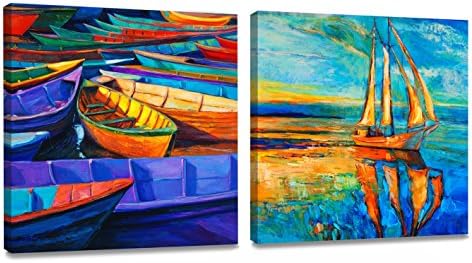 ArtKisser Original Modern Abstract Hand Painted Landscape Wall Art Boat Painting on Canvas HD Prints Wooden Framed Ready to Hang Home Decor for Living Room Corridors 12x12 inch 30x30 cm 2 panels