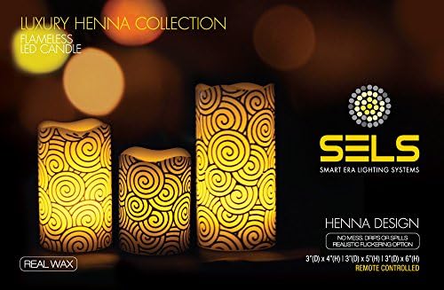 SELS LED Real Wax Flameless Flickering Candle Set with Timer and Remote Control, Henna Design (Set of 3)