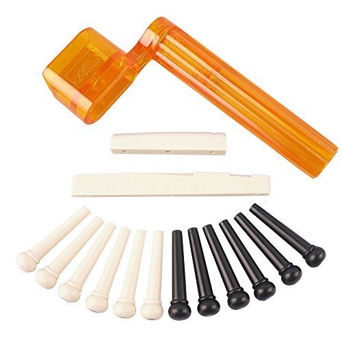 YMC Tint Bridge Pin+String Winder Plus Nut Saddle Set for Acoustic Guitar, Black & Ivory, 6 Piece