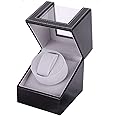 Ausugar Single Watch Winder for Automatic Watches, Super Quiet, in Wood Shell and Black Leather/Carbon Fiber Leather, Japanese Motor