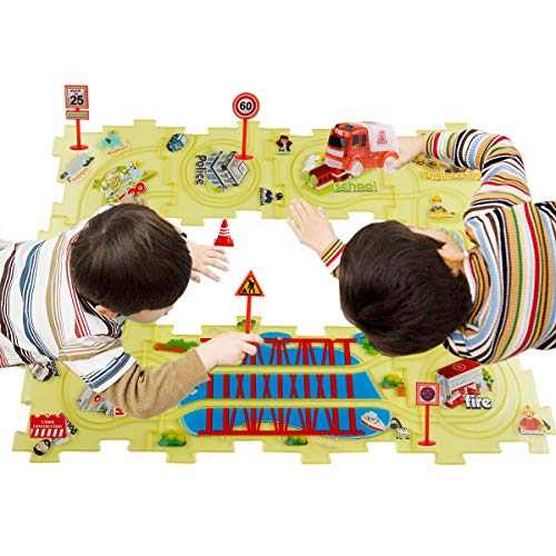 BOBXIN DIY Puzzle Tracks Car Glow in The Dark Play Set Fire Truck Themed Style Vehicle Interchangeable Tracks 18 Pieces Sets for Kids 3 4 5 6 Years Old