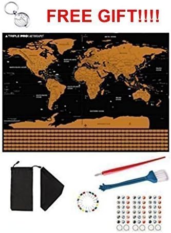 Scratch Off World Map Large Size With US States ,Detailed Cartography And Country Flags.Good Gift.Good For Student's.Accessories - Key Chain, Scratcher, Memory Stickers,Brush and Flag Pins