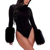 Women Fur Cuff Bodysuit Autumn Sexy Cuff Patchwork Furry Long Sleeve Mock Neck Solid Bodysuit Sexy Club Outfits Fuzzy Top