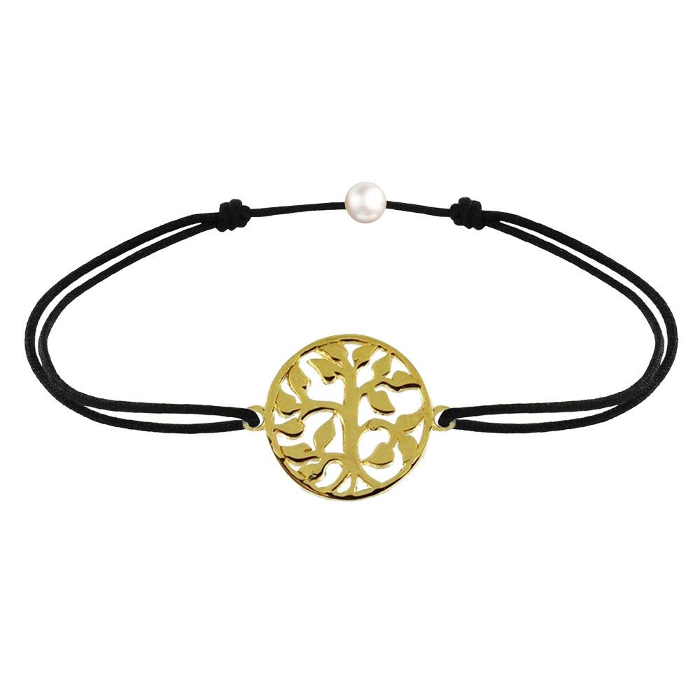 LES POULETTES BIJOUX - Gold Plated Bracelet on Waxed Cord - Life Tree - Black — image 1