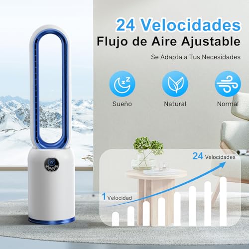 Bladeless Fan, Column Bladeless Floor Fan with Remote, 24 Speeds Silent Tower Fan 90° Oscillating, Touch Screen LED Display, 12H Timer, Brushless DC Pedestal Fan for Bedroom, Office (Blue)