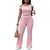 knowfashionstyle Two Piece Sets For Women Going Out Outfits Sexy Casual Sleeveless Crop Tops Off Shoulder Wide Leg Pants Set