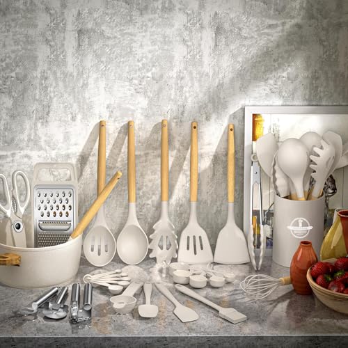 35Pcs Silicone Cooking Utensils Set, Kitchen Utensils Set, Chef Heat Resistant Kitchen Utensil Spatula Set for Nonstick Cookware, Wooden Handles Kitchen Gadgets Tools Set (Khaki)