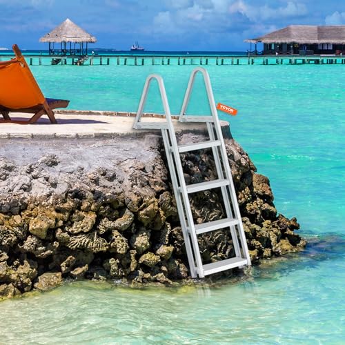 VEVOR Dock Ladder, Removable 4 Steps, 350 lbs Load Capacity, Aluminum Alloy Pontoon Boat Ladder with 4'' Wide Step & Nonslip Mat, Easy to Install for Ship/Lake/Pool/Marine Boarding