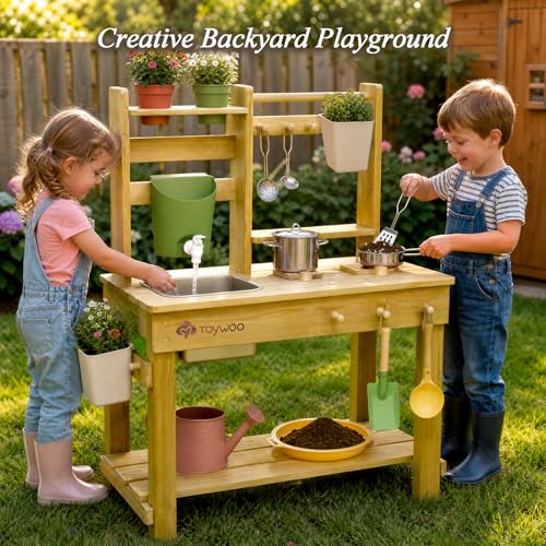 TOYWOO Mud Kitchen Children's Outdoor Play Kitchen, 3-in-1 Mud Table with Water Tank and Sink, Garden Play Kitchen Made of Finnish Wood for Boys Girls from 3 Years