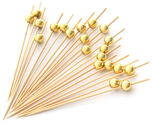 PuTwo Handmade Cocktail Picks 100 Count Sticks Wooden Toothpicks Party Supplies - Gold Pearl