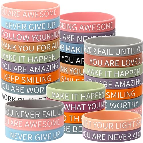 JUNEBRUSHS 64pcs Motivational Quote Silicone Bracelets Colored Bulk