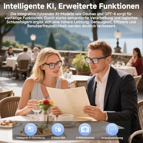 AI Smart Glasses, Brille mit 800 W Kamera, 2 Paare Brillengläser, 1080P HD Video und Audiorecording mit Bildstabilisierung, /Bluetooth-Anrufe/AI-Assistent/Echtzeitübersetzung