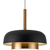 Mid Century Large Pendant Lighting,18.8 inch,Double-Layer,Real Wood Accent,Black and Gold Modern Chandelier for Dining Room,K