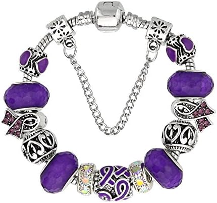 KEORMA Ribbon Strand Bracelet Silver Plated Snake Chain DIY Carved Beads Charms Bracelet For Women Purple 7.9"