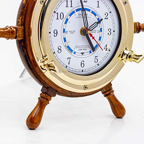 14" Authentic Nautical Time Tide Clock Porthole Ship Wheel Navy
