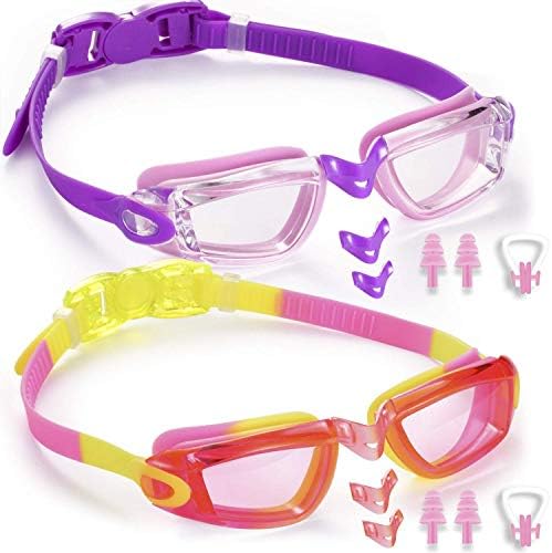 noorlee Kids Swim Goggles, 2 Pack Swimming Glasses for Children and Early Teens (Age 3 to 15 years old), Anti-Fog, Watertight, UV Protection, Soft Silicone Frame and Strap, 180 Degree Vision
