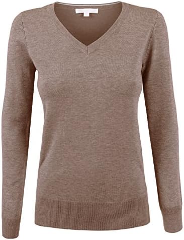 KOOLDO Womens Classic Solid V-Neck Long Sleeve Sweater-S-HEATHER_TAUPE