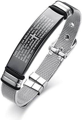 JRUI Jewelry Stainless Steel Bracelet for Mens Boys Lord's Prayer Cross Bangle Wire Braided Spanish Bible Size Adjustable