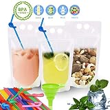 POKONBOY 100 Pcs Clear Drink Pouches Bags Smoothie Bags Food Storage Bags Reusable Snack Bags with 100 Drink Straws, Drinking Bags Non-Toxic, BPA & Phthalate Free (NO Logo)
