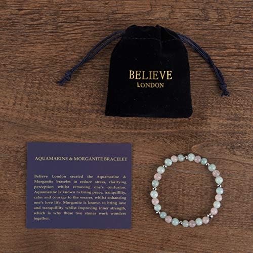 Believe London Aquamarine & Morganite Gemstone Bracelet Healing Bracelet Chakra Bracelet Anxiety Crystal Natural Stone Men Women Stress Relief Reiki Yoga Diffuser Semi Precious