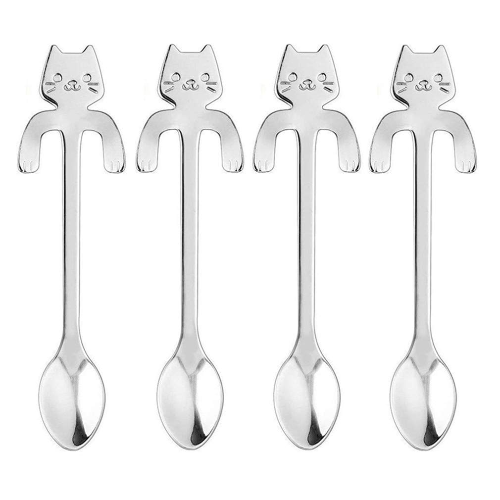 RuiChy 4pcs Cat Dessert Spoons Small Teaspoons Cute Stainless Steel Coffee Espresso Spoons for Tea Sugar Cake Ice Cream Tableware