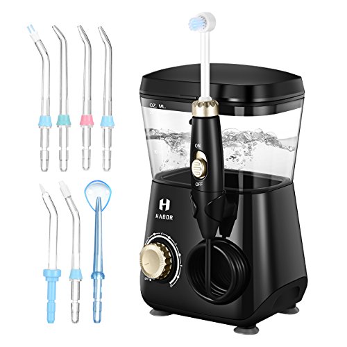 Habor Upgraded 600ml Water Flosser, 8 Jet Tips FDA Oral Irrigator, 70db Quiet 10 Pressure Electric Dental Flosser(Black)