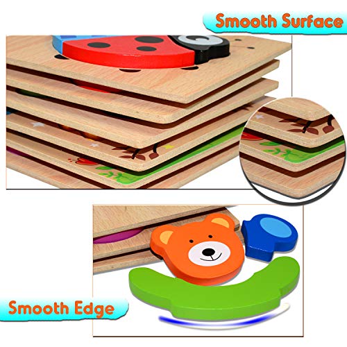 Kulariworld Wooden Jigsaw Puzzles Toys for Toddlers Boys Girls 1 2 3 Years Old 6 Pieces Preschool Educational Toy Gift with Vibrant Color Animal Vehicle Shapes