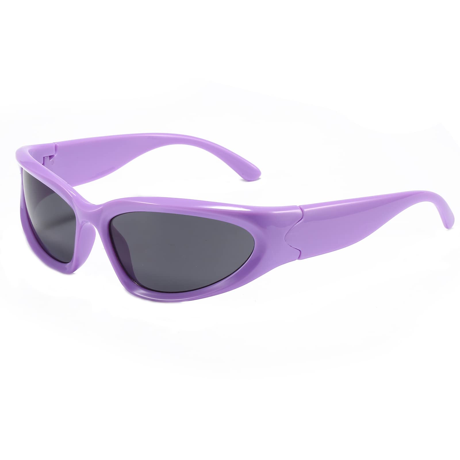 YUELUQU Y2K Wrap Around Sunglasses Men's Women's Futuristic Outdoor Sports Sunshade UV400 Glasses (Purple Frame/Grey Lens)