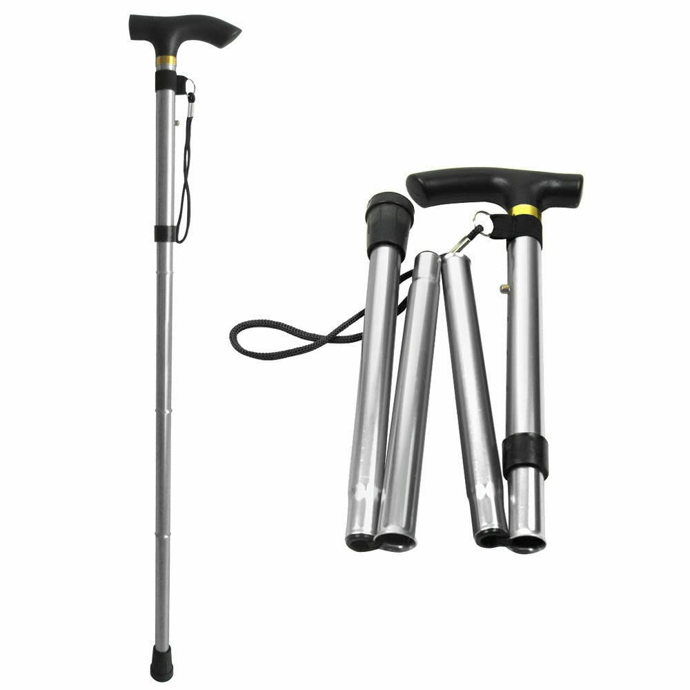 ProBytes Foldaway Cane - Ergonomic Designer Walking Stick. Height Adjustable 82-92 CM, Metal Alloy Body, Non-slip Rubber Base, Easy Grip Derby Handle, Four Fold Mobility Aid, Collapsible – Silver