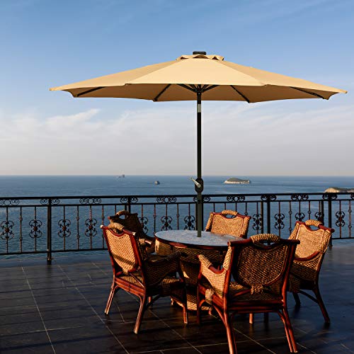 Ainfox 9ft Solar Patio Umbrella with LED Light, Steel Umbrella Ribs Waterproof Prevent Bask in for Garden, Indoor, Outdoor Use Without Base (Brown)