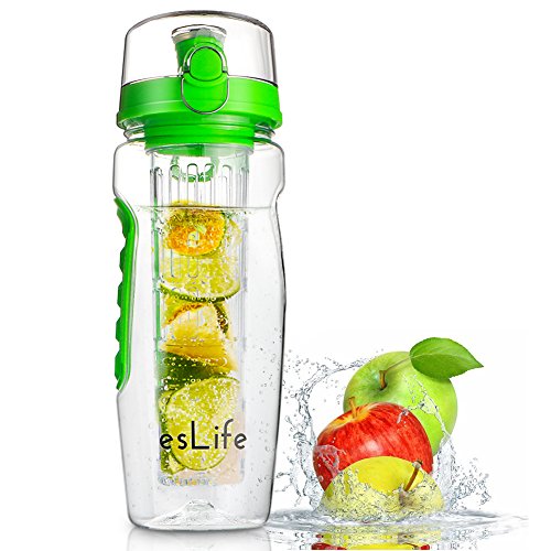 esLife Fruit Infuser Water Bottle, 32 OZ Sports Water Bottle BPA Free Tritan Plastic - Green