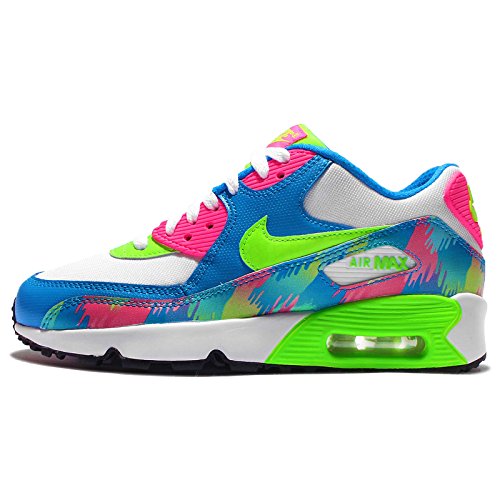 Nike Kid's Air Max 90 Print Mesh GS, PHOTO BLUE/ELECTRIC GREEN-WHITE-PINK BLAST, Youth Size 6.5