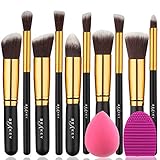 BEAKEY Makeup Brush Set, Premium Synthetic Kabuki Foundation Face Powder Blush Eyeshadow Makeup Brush Kit with Blender Sponge and Brush Cleaner (10+2pcs, GOLDEN-BLACK)