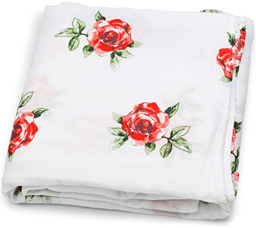 Muslin Swaddle Blankets (Floral Red Rose Print 47x47) for Newborn Baby Girl, Large Bamboo/Cotton - Receiving Blanket, Swaddling Wrap, Sleepsack, Carseat Cover by adaline