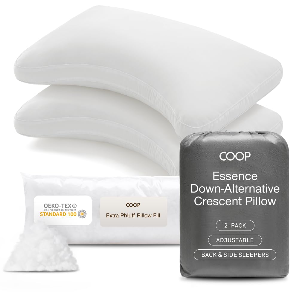 Coop Home Goods Essence Crescent Down Alternative Pillow Set of 2, Queen Size, Adjustable, Plush & Breathable Pillow, Luxury Hotel Pillow for Side and Back Sleepers, Oeko-TEX Standard 100