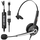 Wantek Monaural Corded USB Headsets with Noise Cancelling Mic and in-line Controls, UC Business Headset for Skype, SoftPhone, Call Center