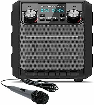ION Audio Tailgater Express | Compact Water-Resistant Wireless Speaker System with AM/FM Radio & USB Charge Port with Dynamic Microphone with 10 Ft. Cord